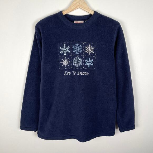 90s VTG Fleece Snowflake Embroidered Sweater Navy Blue Holiday Sweatshirt Size S - Picture 8 of 9